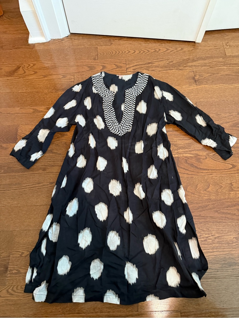 Black and White Spot Swim Coverup Tunic with Embroidered Neckline